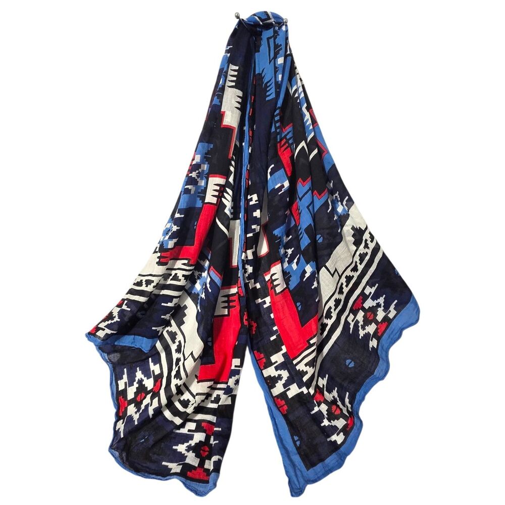100% Cotton Scarf Lightweight Blue Red Southwestern Aztec Geometric Tribal OVS